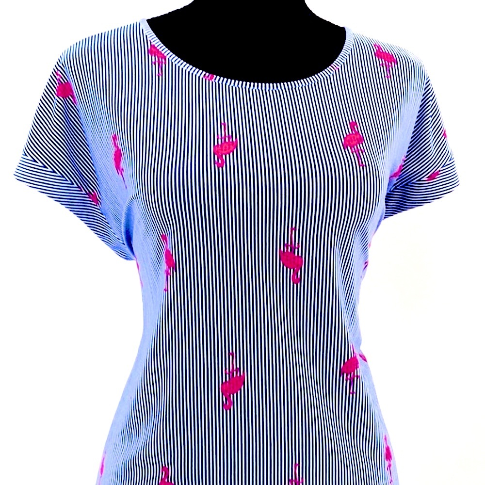 Blue & White Striped Shirt With Pink Flamingos